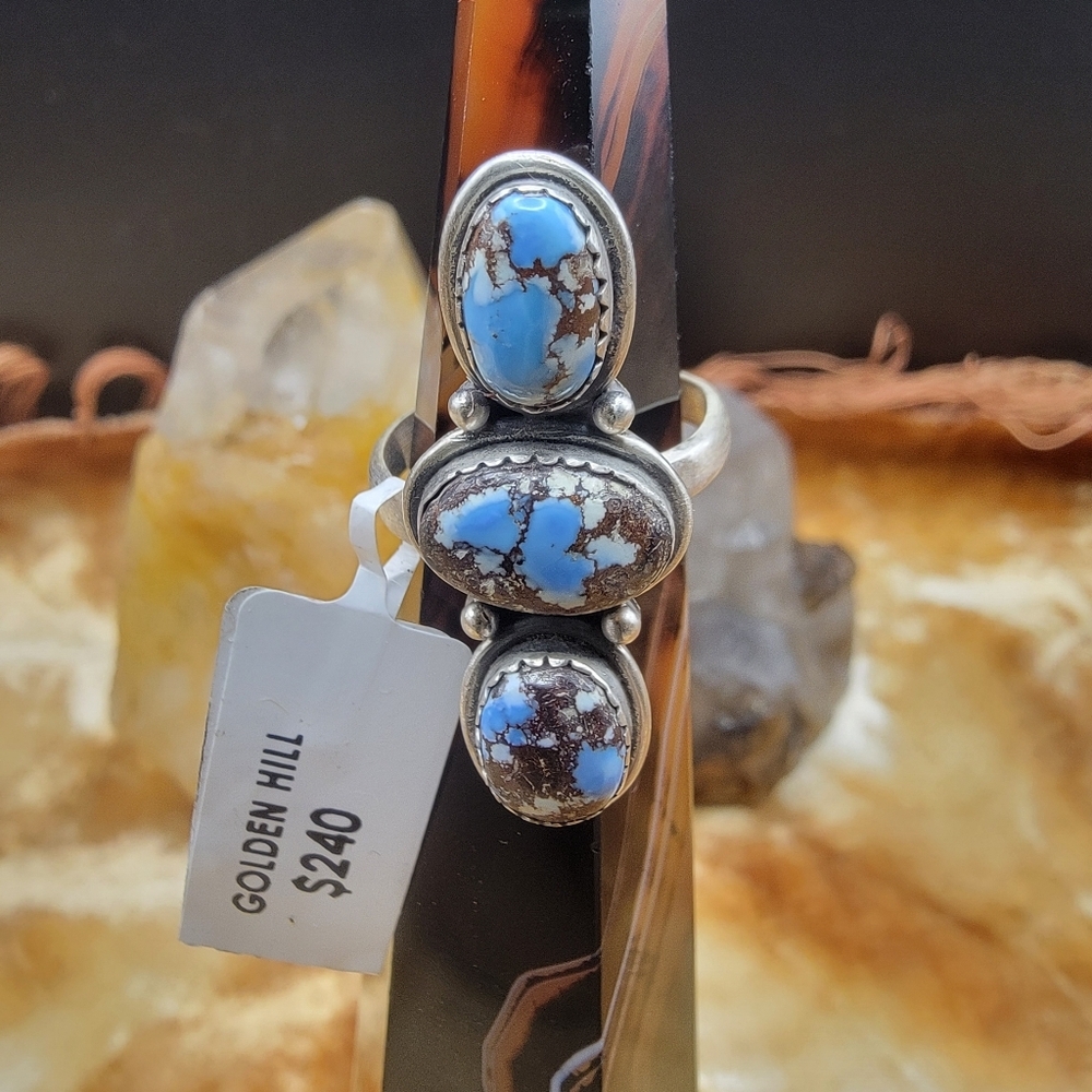 Triple Stone Golden Hills Turquoise Brushed Sterling Silver Ring Ajustable Sz 8^